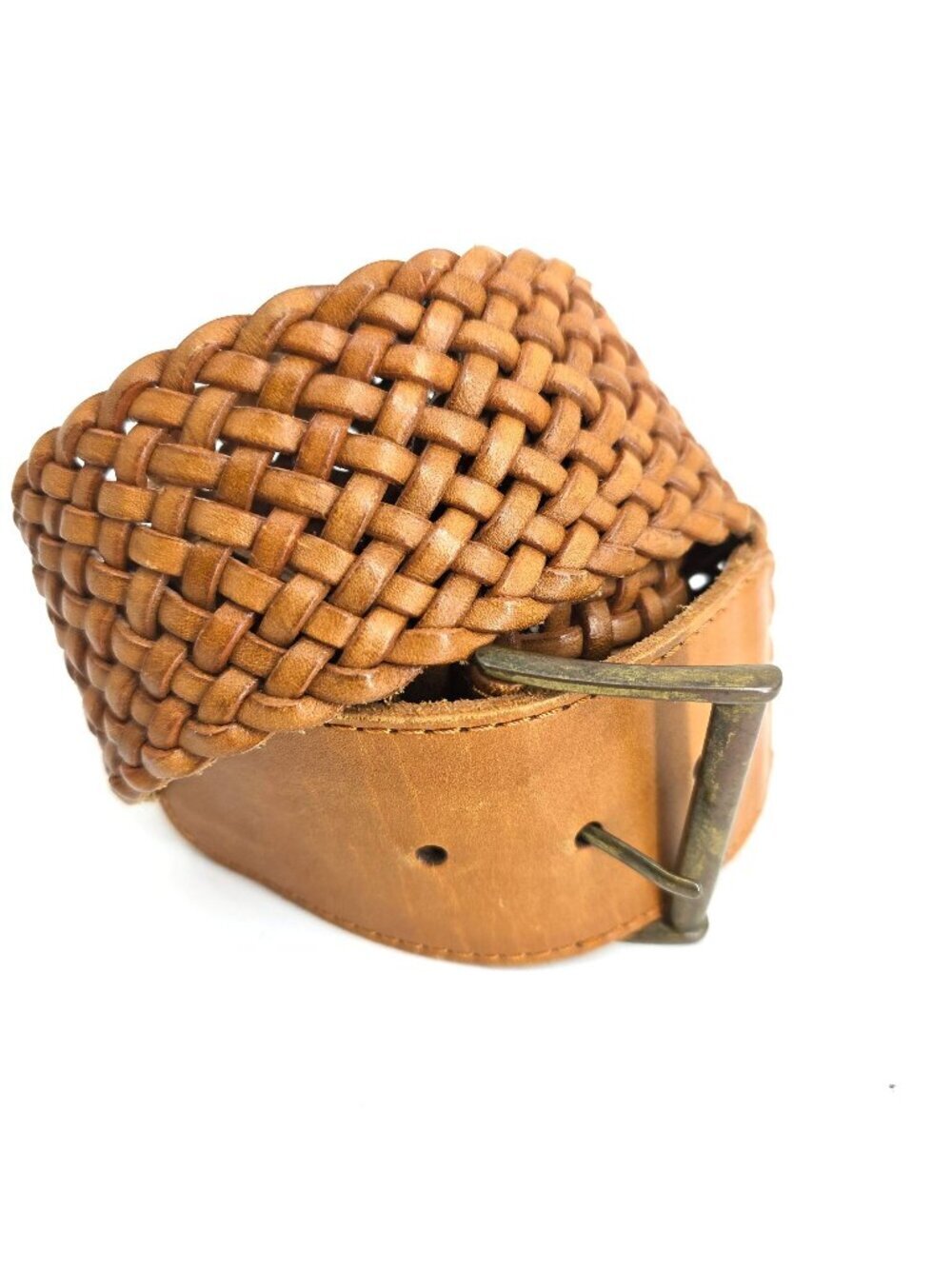 Perry Ellis Vintage Cognac Brown Braided Woven Worn in Leather Wide Belt S / M